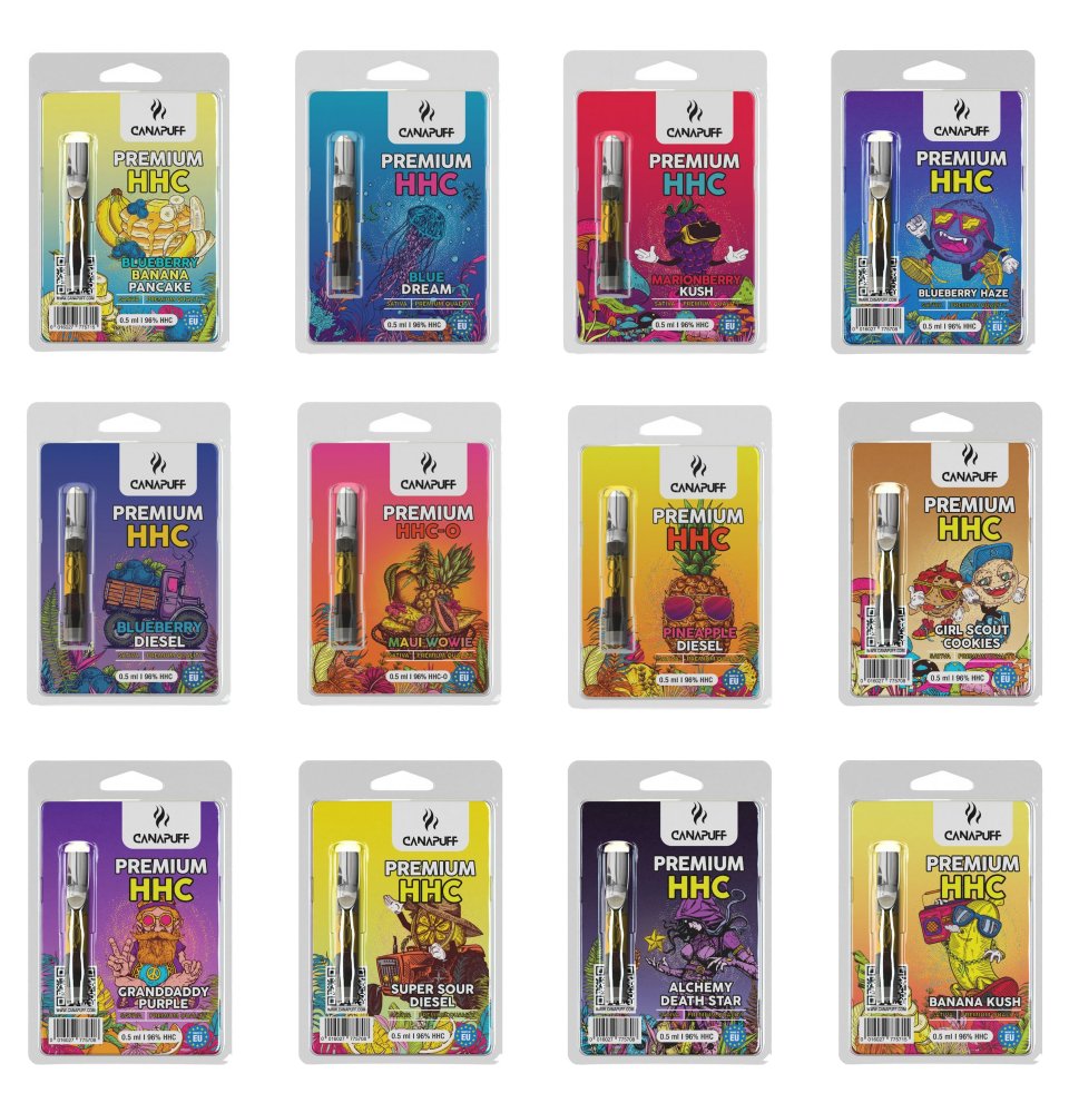 Paquete de cartuchos Canapuff HHC, 96% HHC, juego todo en uno - 12 sabores x 0,5 ml