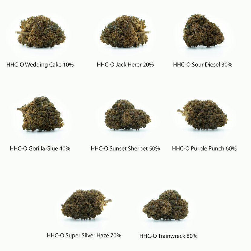 Conjunto de muestra de 8 flores de HHC-O - Wedding Cake 10 %, Jack Herer 20 %, Sour Diesel 30 %, Gorilla Glue 40 %, Sunset Sherbet 50 %, Purple Punch 60 %, Super Silver Haze 70 %, Trainwreck 80 % - 8 x 1 gramo